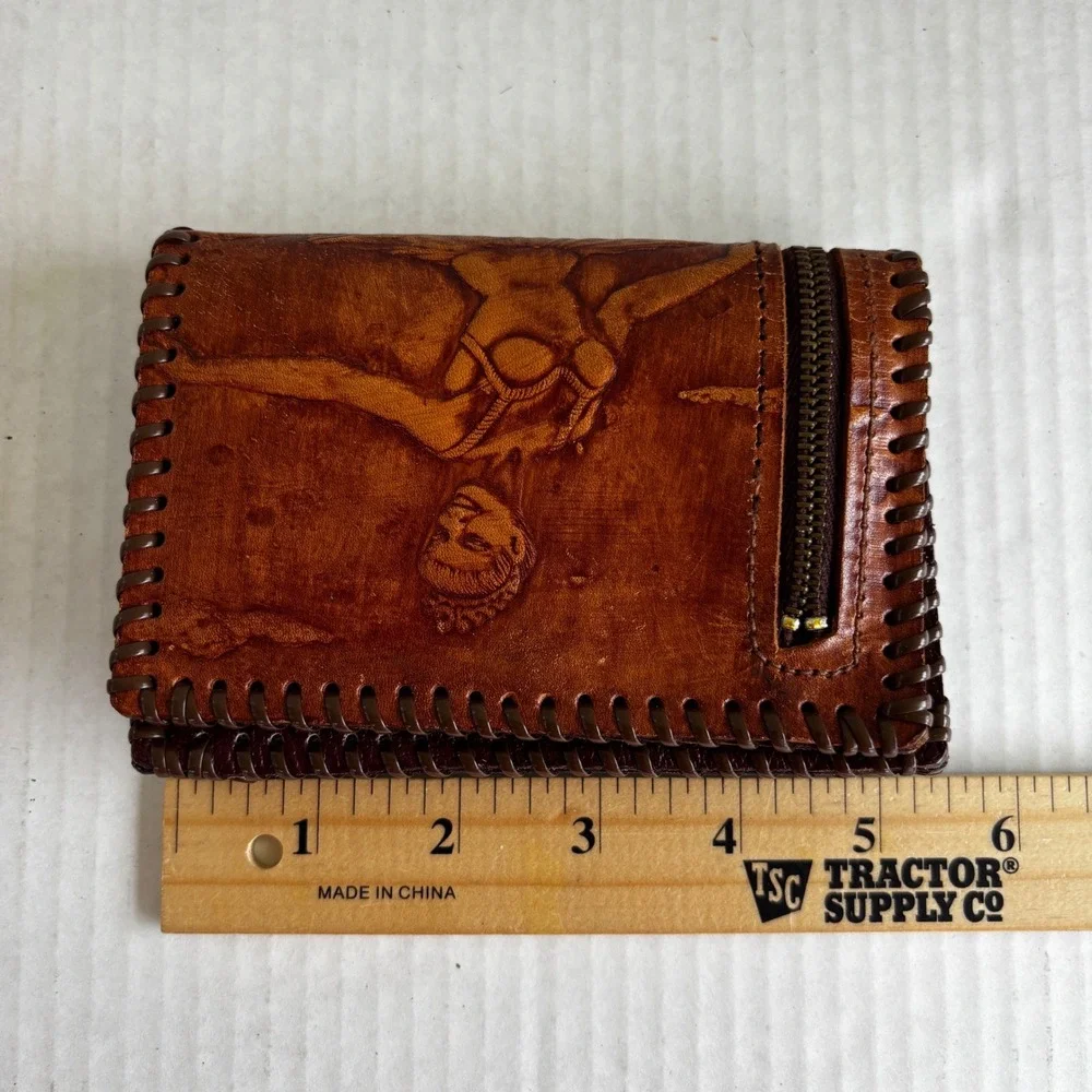 Vintage Hand Tooled Leather Wallet Ballerina Dancer Whipstitched Brown Men's
